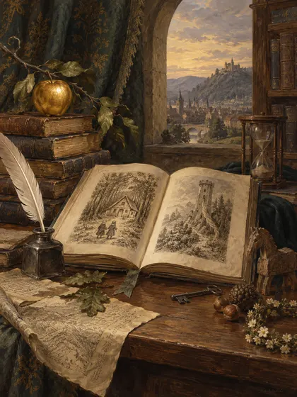 Symbolic literary illustration for Jacob Grimm Wilhelm Grimm