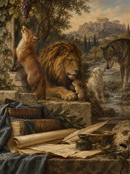 Symbolic literary illustration for Aesop