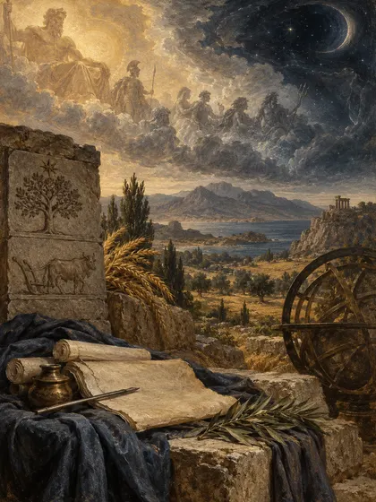 Symbolic literary illustration for Hesiod