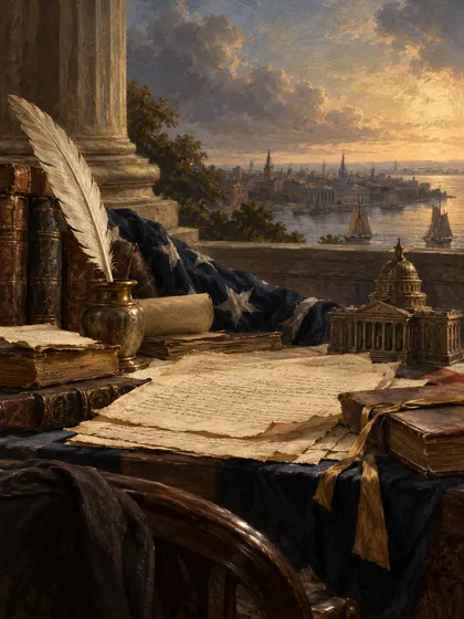 Symbolic literary illustration for Alexander Hamilton John Jay James Madison